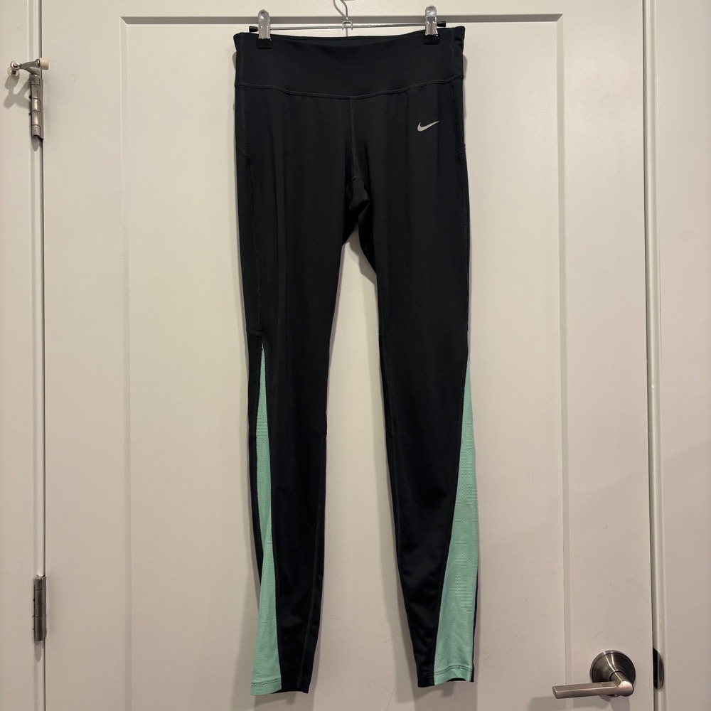 Nike Dri-FIT Womens Running Leggings Black Mint Green Mesh Medium